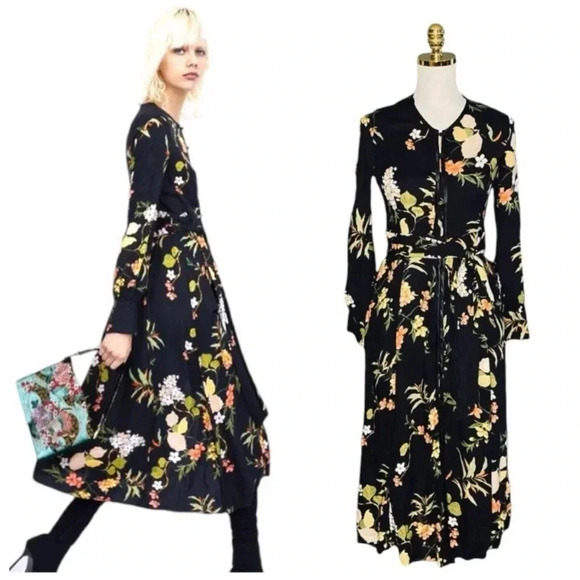 ZARA Black Floral Print Button Down Flowy Cottagecore Maxi Dress Size S - Picture 14 of 14